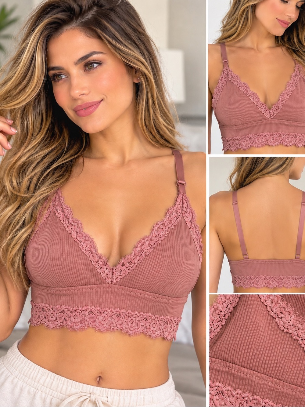 Lace-Trim Ribbed Bralette - Dusty Rose